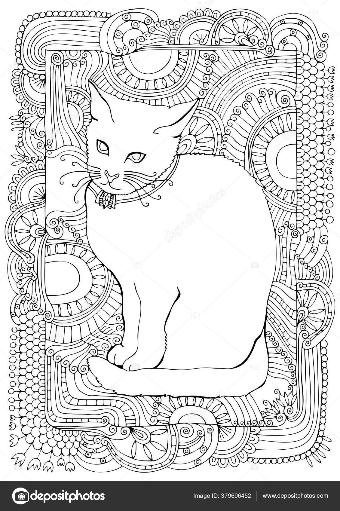 Gato Desenhado Mão Desenho Para Livro Colorir Adulto Stress Estilo